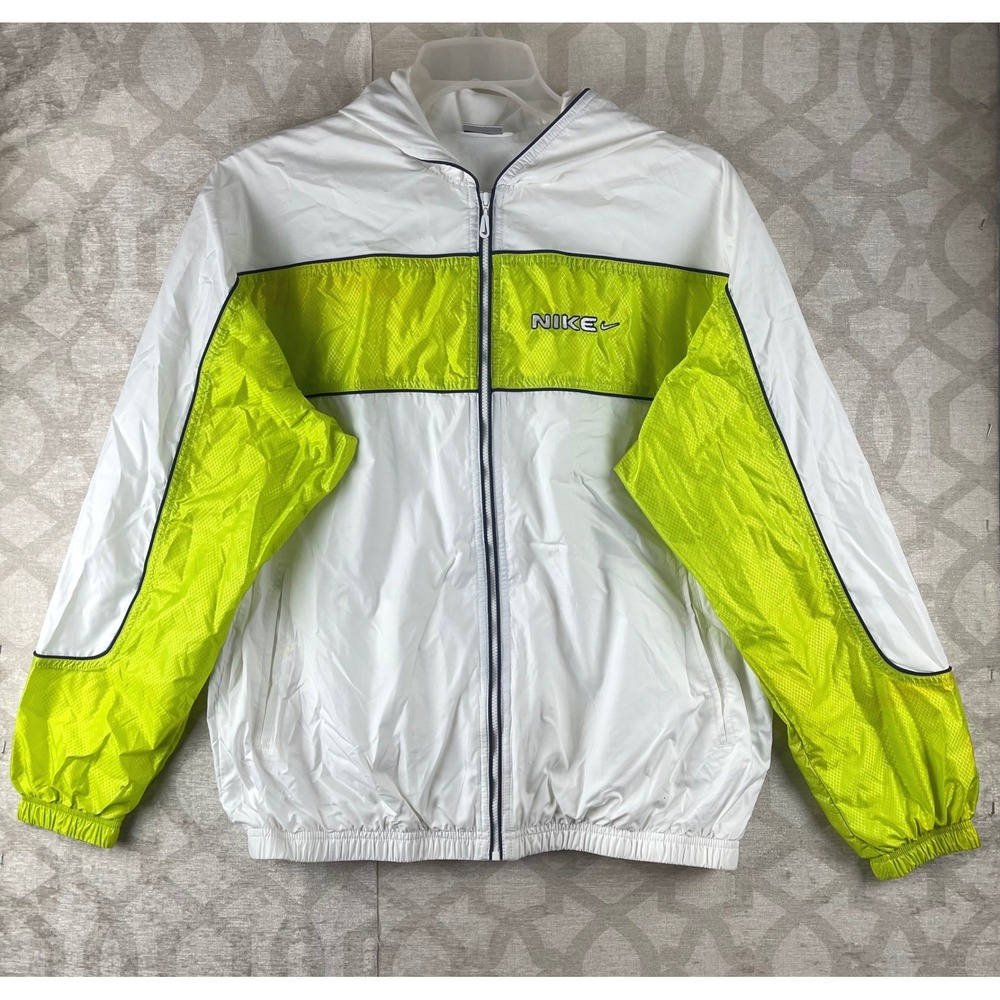 Nike Windbreaker Boys M 8-10 White Neon Green Good Vintage Y2K Hooded Jacket